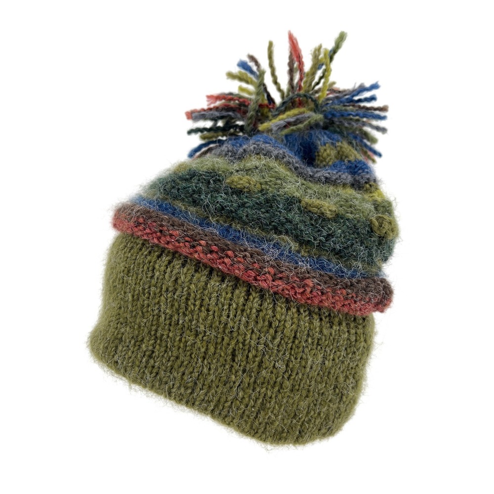 Peruvian‎ Trading Company Striped Knit Beanie Hat Pom Tassels Olive Multi Peru